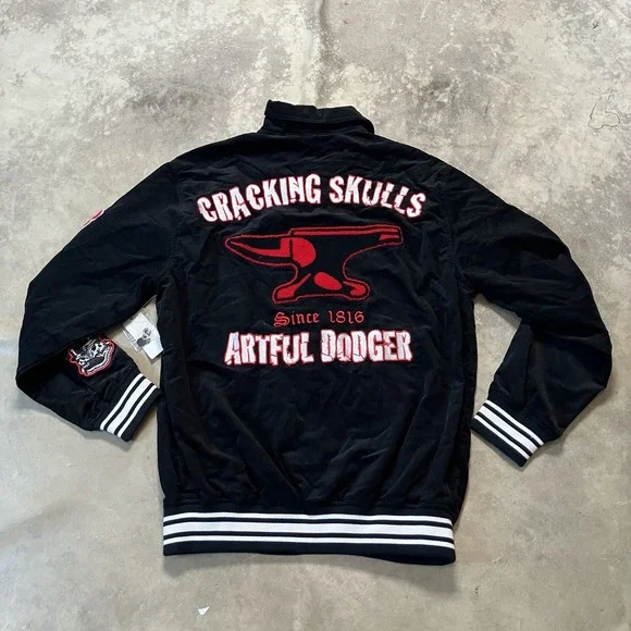 Artuful Dodger Varsity Jacket Mens Size Large Black Cracking Skulls Bomber